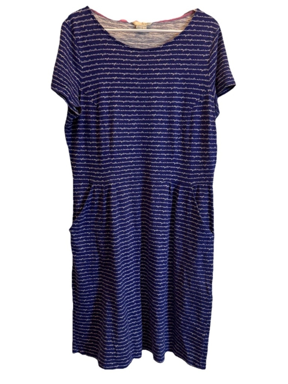 Boden Phoebe Navy Blue All Over Script Print 100% Cotton Knit Dress Size 14